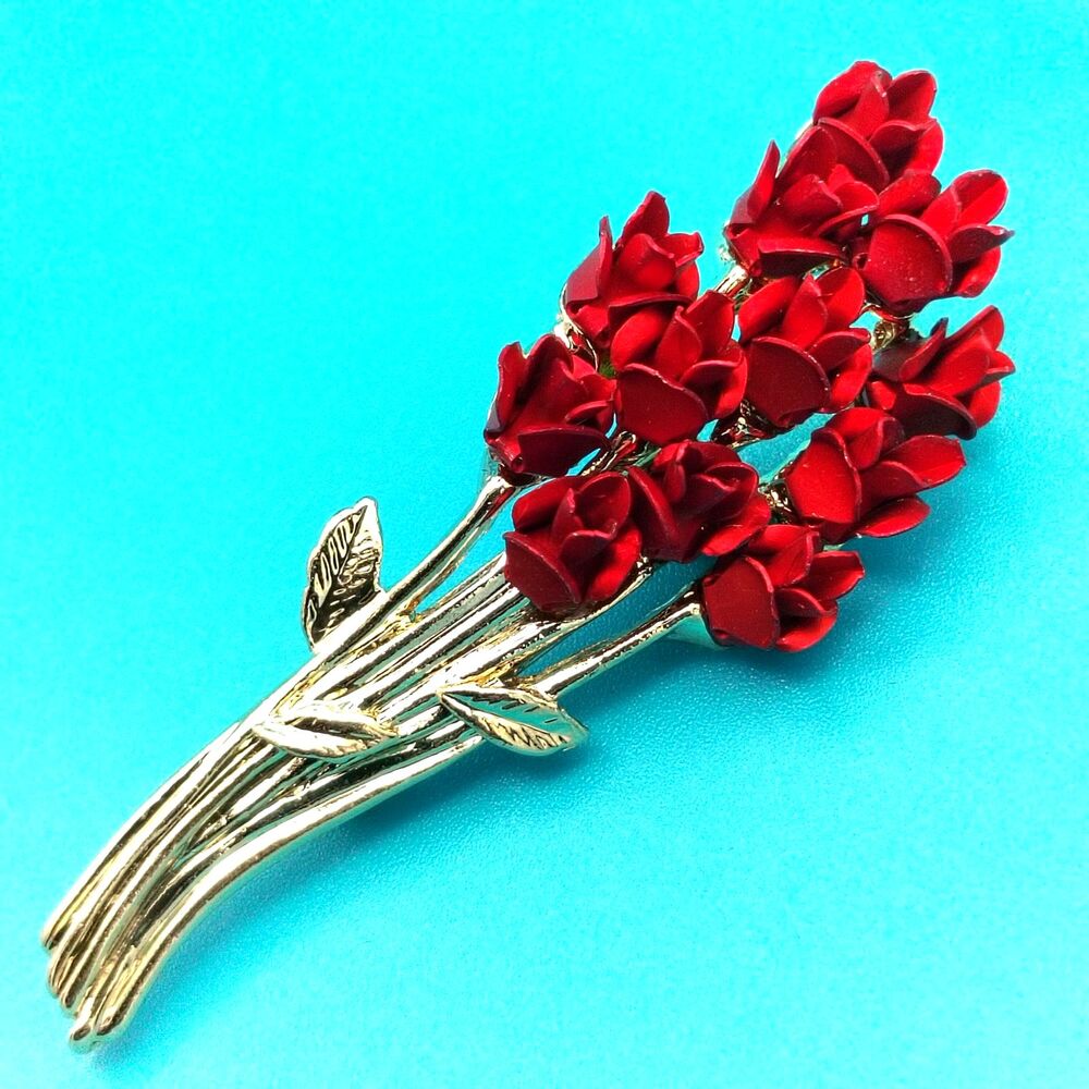 Vintage DM 97 Red Rose Bouquet Brooch Pin Gold Tone Floral Lapel Jewelry